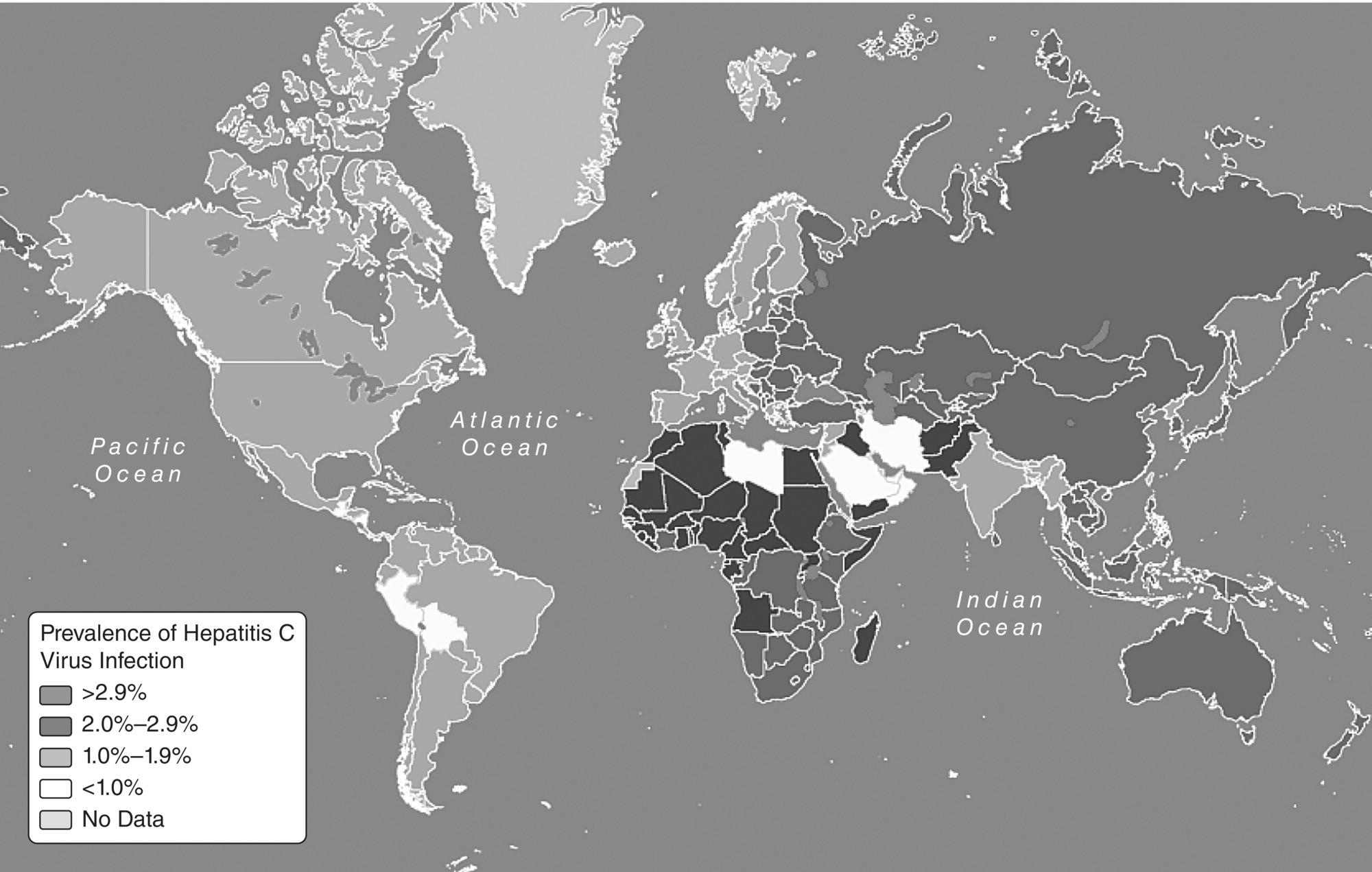World map with markings—five differently shaded parts for >2.9%, 2.0%–2.9%, 1.0%–1.9%, <1.0% and no data—for prevalence of hepatitis C virus infection.