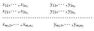 
$$ \begin{array}{l}{x}_{11},\cdots, {x}_{1{n}_x}\kern4.25em {y}_{11},\cdots, {y}_{1{n}_y}\\ {x}_{21},\cdots, {x}_{2{n}_x}\kern4.25em {y}_{21},\cdots, {y}_{2{n}_y}\\ \cdots \cdots \cdots \cdots \cdots \cdots \cdots \cdots \cdots \cdots \cdots \cdots \cdots \cdots \\ {x}_{m_x1},\cdots, {x}_{m_x{n}_x}\kern4em {y}_{m_y1},\cdots, {y}_{m_yn{}_y}\end{array} $$
