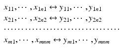 
$$ \begin{array}{l}{x}_{11},\cdots, {x}_{1n1}\leftrightarrow {y}_{11},\cdots, {y}_{1n1}\\ {x}_{21},\cdots, {x}_{2n2}\leftrightarrow {y}_{21},\cdots, {y}_{2n2}\\ \cdots \cdots \cdots \cdots \cdots \cdots \cdots \cdots \cdots \cdots \cdots \\ {x}_{m1},\cdots, {x}_{mnm}\leftrightarrow {y}_{m1},\cdots, {y}_{mnm}\end{array} $$
