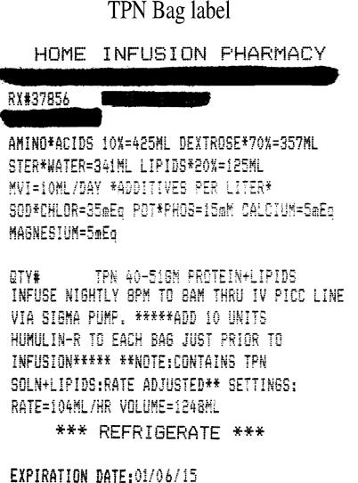 total parenteral nutrition label