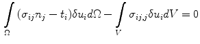 $$\begin{aligned} \int \limits _\Omega {\left( {\sigma _{ij} n_j - t_i } \right) } \delta u_i d\Omega - \int \limits _V {\sigma _{ij,j} } \delta u_i dV = 0 \end{aligned}$$