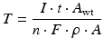 
$$ T=\frac{I\cdot t\cdot {A}_{\mathrm{wt}}}{n\cdot F\cdot \rho \cdot A} $$
