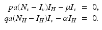 
$$\displaystyle\begin{array}{rcl} pa(N_{v} - I_{v})I_{H} -\mu I_{v}& =& 0, \\ qa(N_{H} - I_{H})I_{v} -\alpha I_{H}& =& 0.{}\end{array}$$
