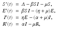 
$$\displaystyle\begin{array}{rcl} S'(t)& =& \varLambda -\beta SI -\mu S, \\ E'(t)& =& \beta SI - (\eta +\mu )E, \\ I'(t)& =& \eta E - (\alpha +\mu )I, \\ R'(t)& =& \alpha I -\mu R, {}\end{array}$$

