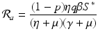 
$$\displaystyle{\mathcal{R}_{a} = \frac{(1 - p)\eta q\beta S^{{\ast}}} {(\eta +\mu )(\gamma +\mu )} }$$
