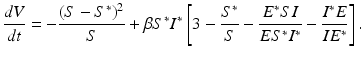 
$$\displaystyle{ \frac{dV } {dt} = -\frac{(S - S^{{\ast}})^{2}} {S} +\beta S^{{\ast}}I^{{\ast}}\left [3 -\frac{S^{{\ast}}} {S} - \frac{E^{{\ast}}SI} {ES^{{\ast}}I^{{\ast}}} -\frac{I^{{\ast}}E} {IE^{{\ast}}}\right ]. }$$
