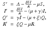 
$$\displaystyle\begin{array}{rcl} S'& =& \varLambda -\frac{\beta SI} {A} -\mu S, \\ I'& =& \frac{\beta SI} {A} - (\mu +\gamma )I, \\ Q'& =& \gamma I - (\mu +\xi )Q, \\ R'& =& \xi Q -\mu R. {}\end{array}$$
