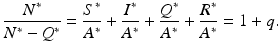 
$$\displaystyle{ \frac{N^{{\ast}}} {N^{{\ast}}- Q^{{\ast}}} = \frac{S^{{\ast}}} {A^{{\ast}}} + \frac{I^{{\ast}}} {A^{{\ast}}} + \frac{Q^{{\ast}}} {A^{{\ast}}} + \frac{R^{{\ast}}} {A^{{\ast}}} = 1 + q.}$$
