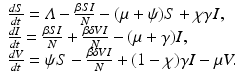 
$$\displaystyle{ \begin{array}{l} \frac{dS} {dt} =\varLambda -\frac{\beta SI} {N} - (\mu +\psi )S +\chi \gamma I, \\ \frac{dI} {dt} = \frac{\beta SI} {N} + \frac{\beta \delta V I} {N} - (\mu +\gamma )I, \\ \frac{dV } {dt} =\psi S -\frac{\beta \delta V I} {N} + (1-\chi )\gamma I -\mu V.\\ \end{array} }$$
