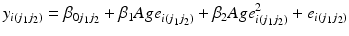 
$$ {y}_{i\left({j}_1{j}_2\right)}={\beta}_{0{j}_1{j}_2}+{\beta}_1{Age}_{i\left({j}_1{j}_2\right)}+{\beta}_2{Age}_{i\left({j}_1{j}_2\right)}^2+{e}_{i\left({j}_1{j}_2\right)} $$
