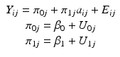 
$$ \begin{array}{c}{Y}_{ij}={\pi}_{0j}+{\pi}_{1j}{a}_{ij}+{E}_{ij}\\ {}{\pi}_{0j}={\beta}_0+{U}_{0j}\\ {}{\pi}_{1j}={\beta}_1+{U}_{1j}\end{array} $$
