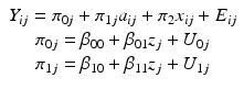 
$$ \begin{array}{c}{Y}_{ij}={\pi}_{0j}+{\pi}_{1j}{a}_{ij}+{\pi}_2{x}_{ij}+{E}_{ij}\\ {}{\pi}_{0j}={\beta}_{00}+{\beta}_{01}{z}_j+{U}_{0j}\\ {}{\pi}_{1j}={\beta}_{10}+{\beta}_{11}{z}_j+{U}_{1j}\end{array} $$
