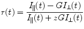 
$$ r(t)=\frac{{{I_{\parallel }}(t)-G{I_{\bot }}(t)}}{{{I_{\parallel }}(t)+zG{I_{\bot }}(t)}} $$
